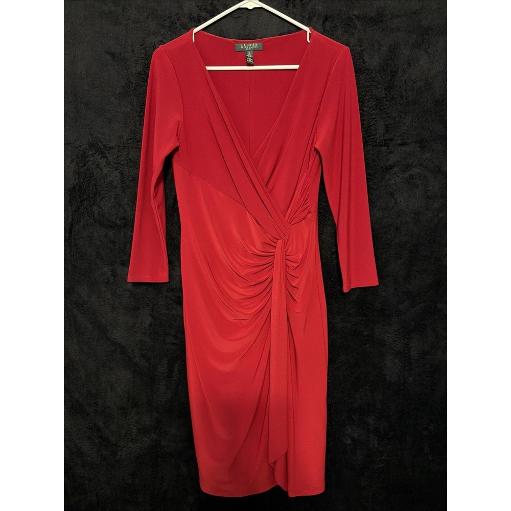 Lauren Ralph Lauren Women's Dress 6 Red Knee Length 3/4 Sleeve Y2K No Wrinkle